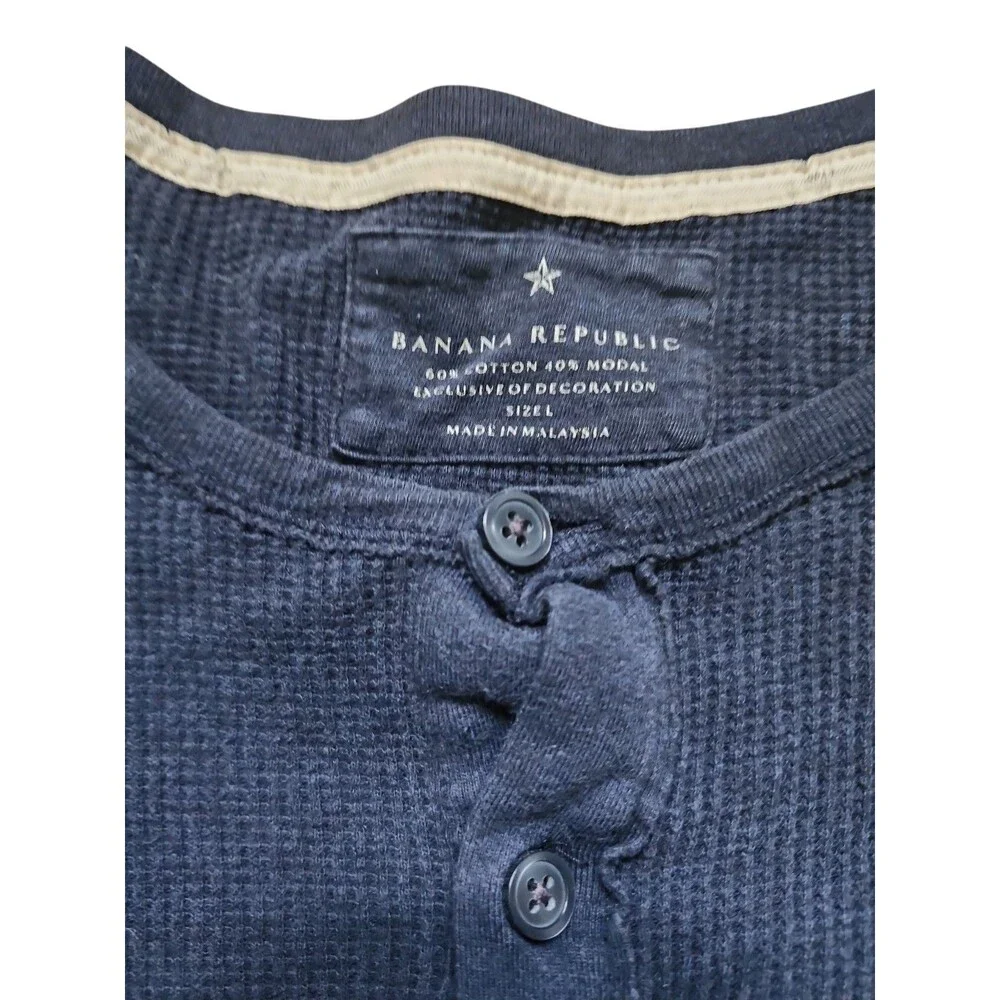 Banana Republic Y2K Henley Pullover Mens L Washed Navy Waffle Knit 3 Button